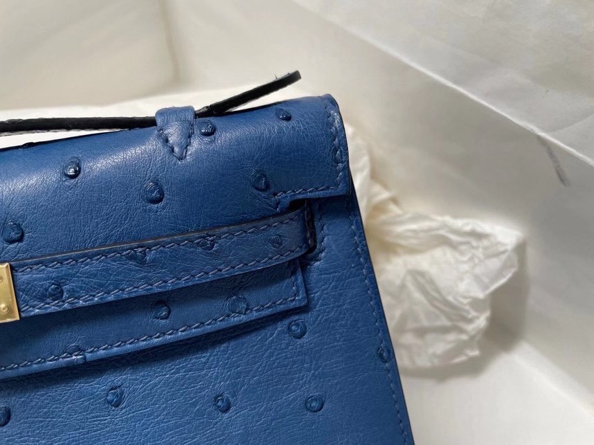 Hermes Mini Kelly Pochette 22cm Bag In Blue Thalassa Ostrich Leather